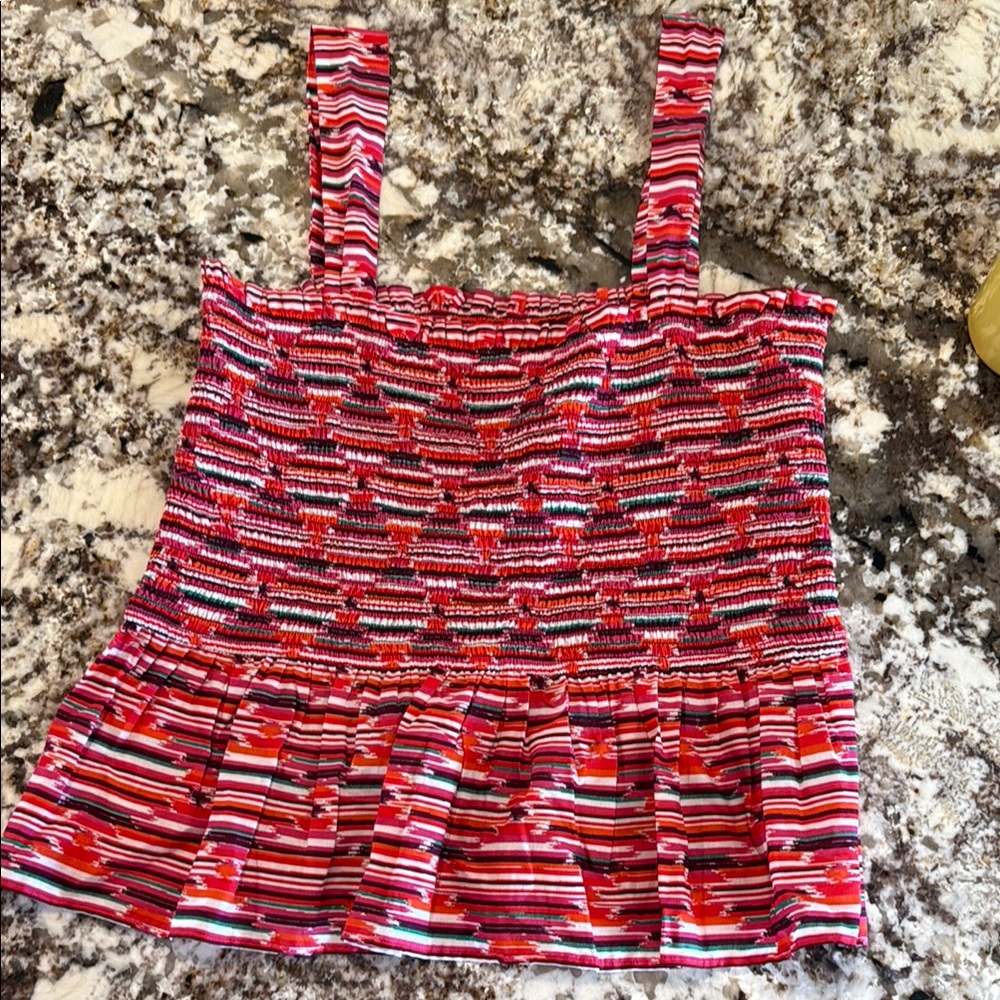 Smocked Red and Pink Sleeveless Peplum Top